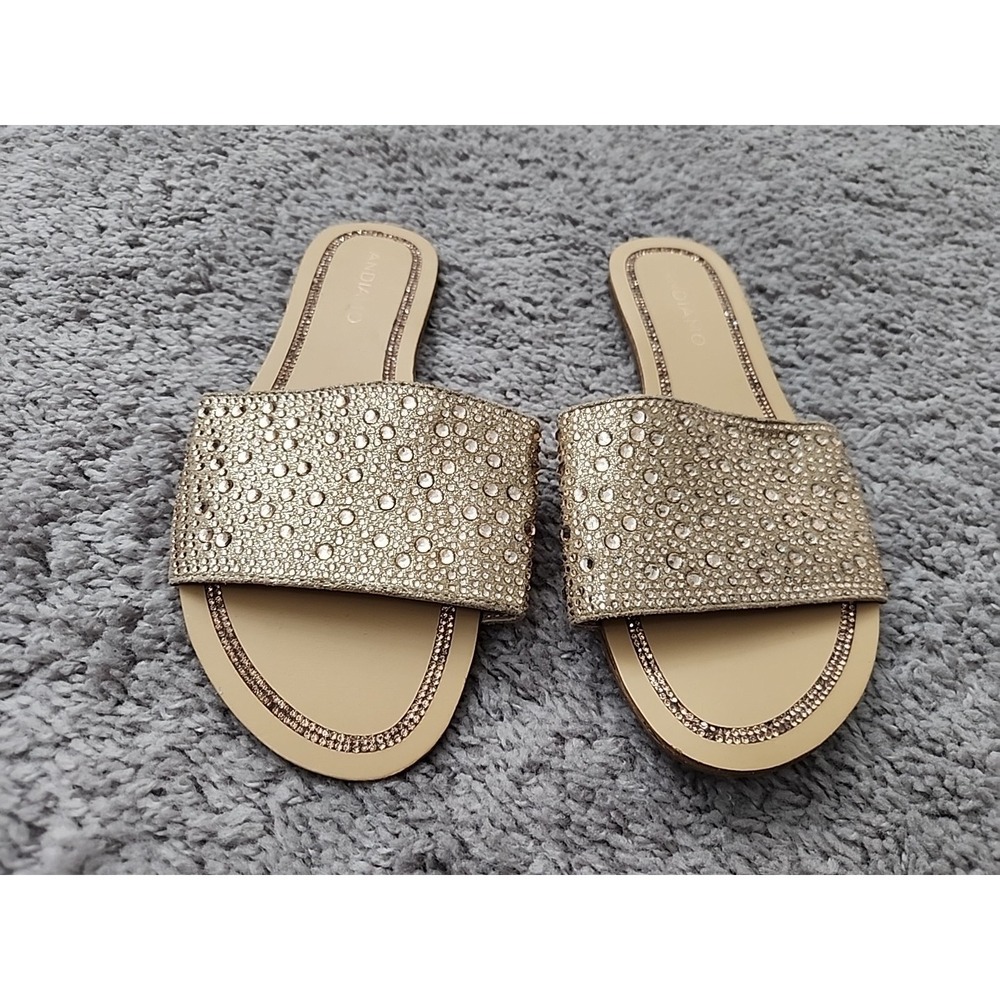 Andiamo Slide Sandals Womens 7 Gold Rhinestone Embellished Flat Slip On